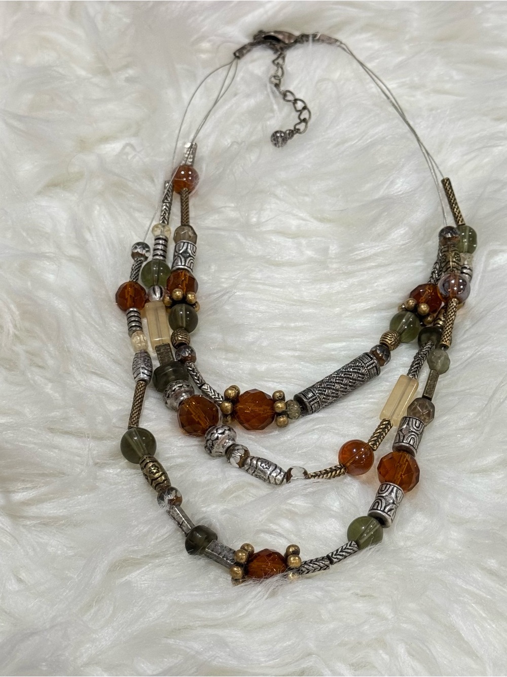 Vintage-Inspired Multi-Strand Beaded Necklace | Amber Brown & Olive Green |